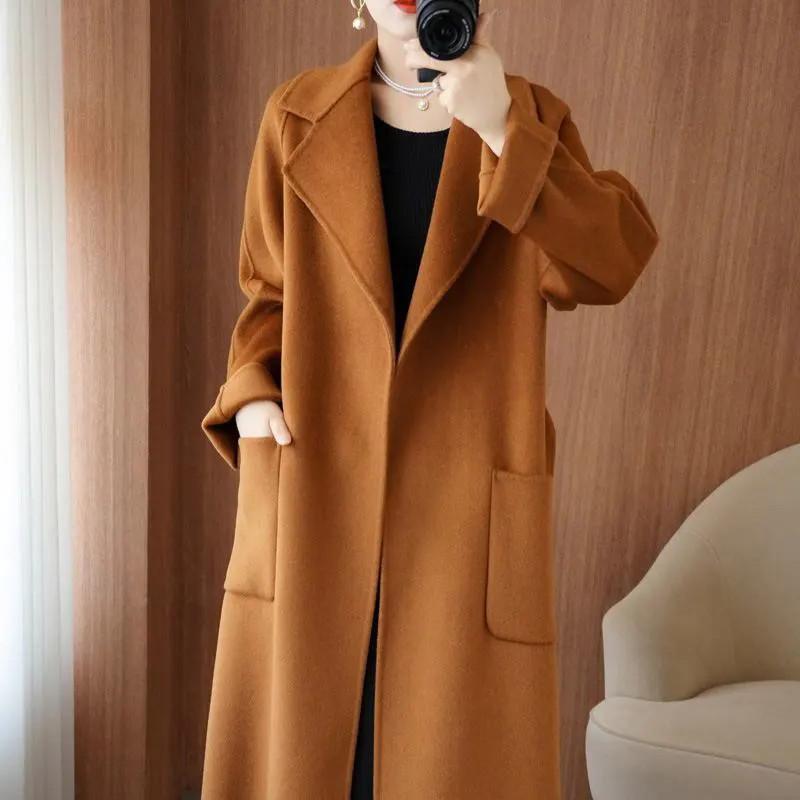 Autumn and Winter Double Sided Wool Double-Sided Cashmere Coat Women Winter  Mid-Length Loose Pockets Woolen Jacket Female Overcoat
