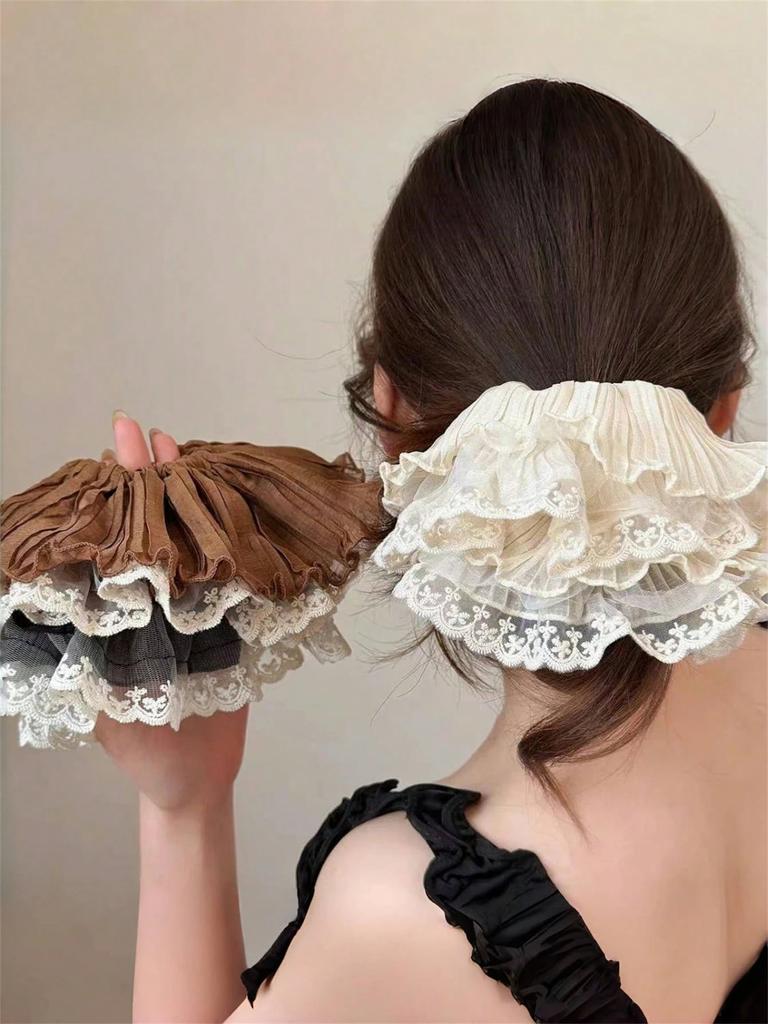1/3Pcs Women Elegant Solid Pleated Double-Layer Lace Ruffle 28cm Super Large Hair Scrunchie Bohemian For Ponytail