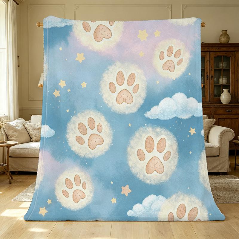 Cartoon Paw Print Ultra-Soft Flannel Fleece Blanket - High-Density Plush Cozy Throw for Home, Christmas & Halloween Decor