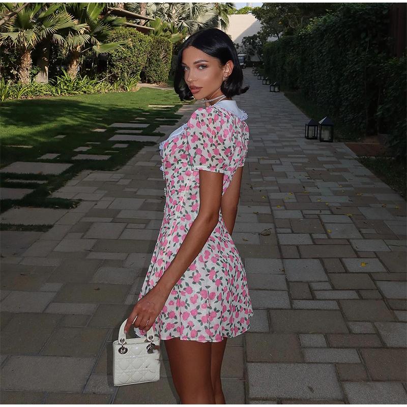 Damska sukienka z nadrukowanym kołnierzykiem i bufiastymi rękawami z nadrukowaną dekoracją na lato Nowa odzież Dopasowana Temperament Damska sukienka mini z podkreśleniem talii