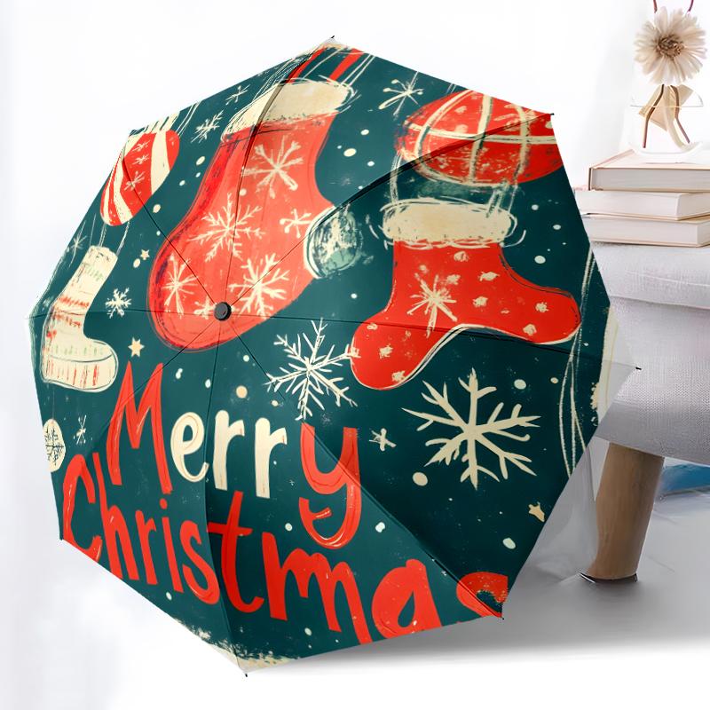 1pc Sturdy 8-Bone Auto Umbrella, Christmas elements Merry Christmas Umbrella, Digital Printed, Foldable Umbrella for On-the-Go Outdoor Use