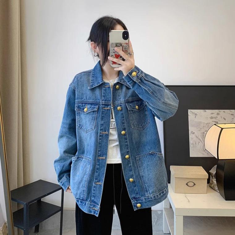 Женская ретро-куртка из стираного денима, весна/осень 2025: Гонконгский стиль, Свободный крой, Модная повседневная мода S синий