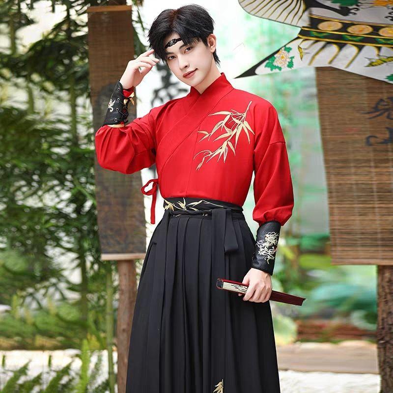 Men's & Women's Chinese Hanfu Set, Bamboo Embroidery Cross-Collar Wuxia Style Daily Costume