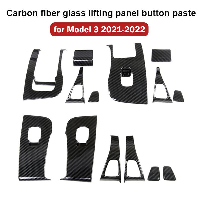 For Tesla Model 3 Y 14P Car Window Lifter Door Switch Button Carbon Fiber Stickers Styling Tools Interior Decor Auto