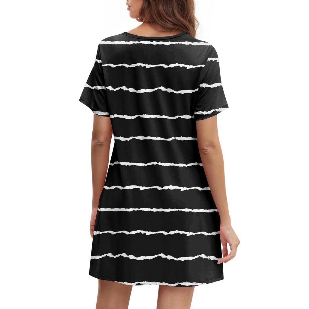 Women's Summer Casual Round Neck Pleated With Pockets Printed Short Sleeve Dresses