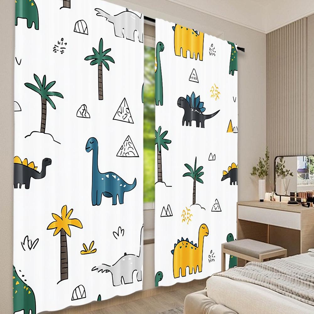 Set Of 2 Flat Printing Window Drapes Colorful Coon Dinosaurs Digital Printed Polyester Festive Wall Decor Perfect Curtain
