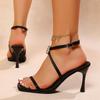 Black/brown Womens Sandals with High Heel Square Toe Rhinestone Buckle Strap Non Slip 2026 New Summer Outdoor PU Fashion Sandals