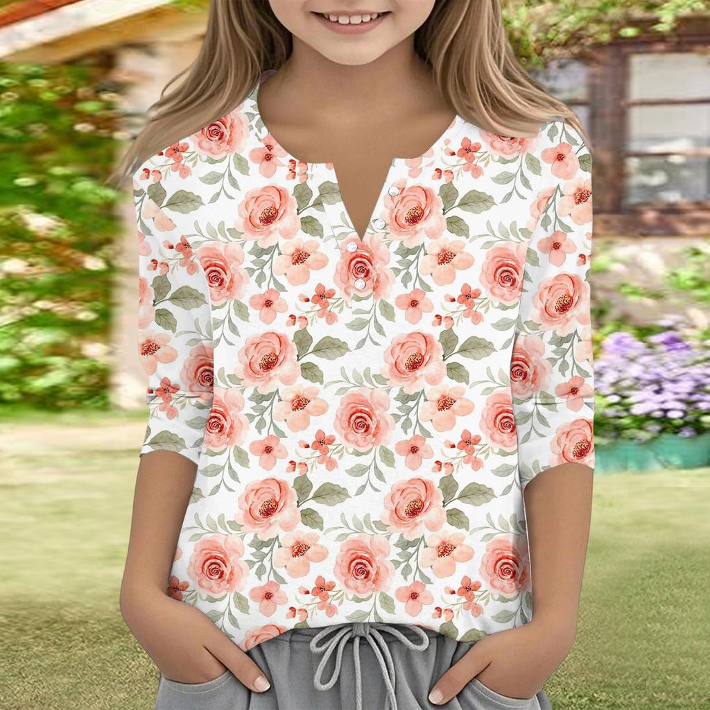 Print Tops For Youth Girls V Neck Button 3/4 Sleeves T-Shirts Trendy Tops Outfit Tees