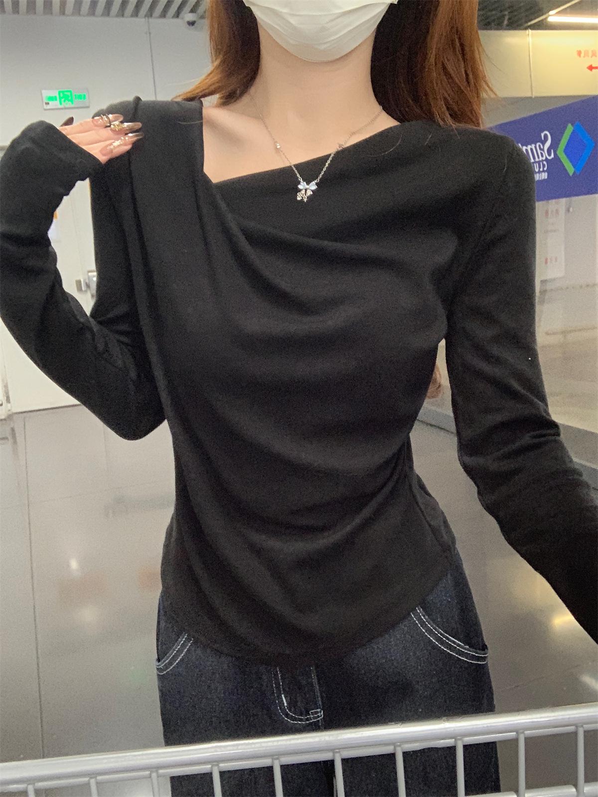

Korean Style 2025 Winter Slim-fit Pleated Long-sleeve Swing Neck T-shirt XL