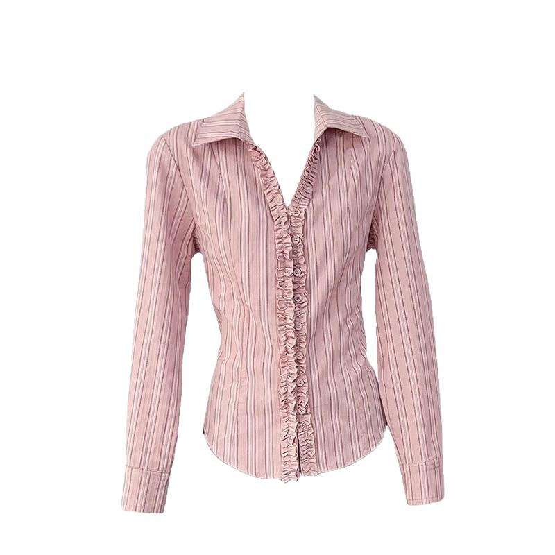 Korean Lace Stripe Long Sleeve Shirt for Women - 2025 Autumn Fashion L