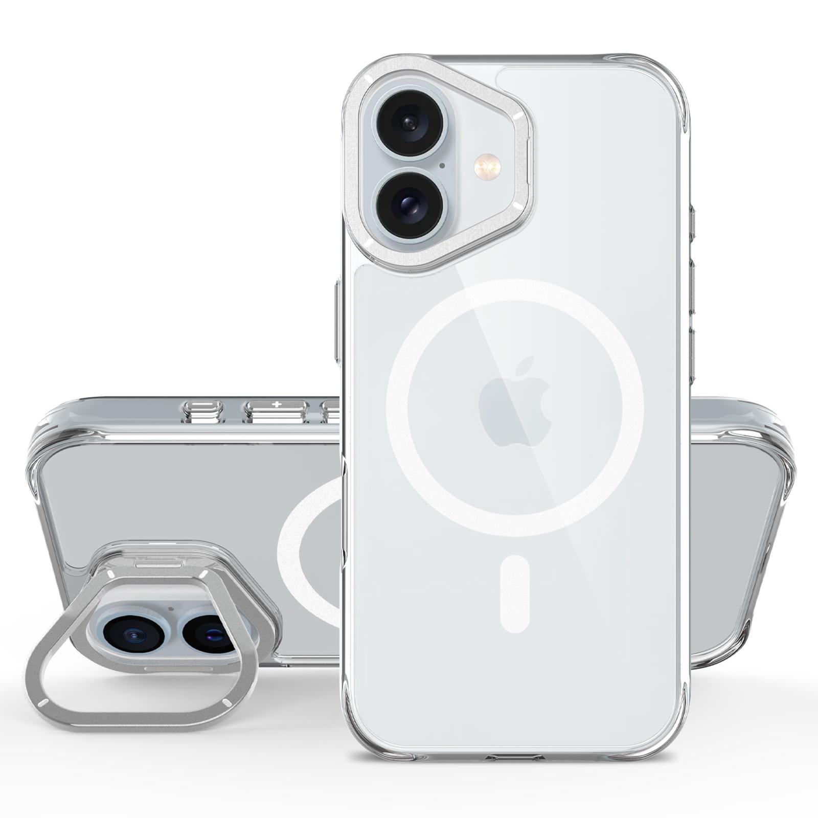 

For iPhone 16 Magnetic Case Shockproof TPU+PC Phone Back Cover with Metal Lens Kickstand Silver