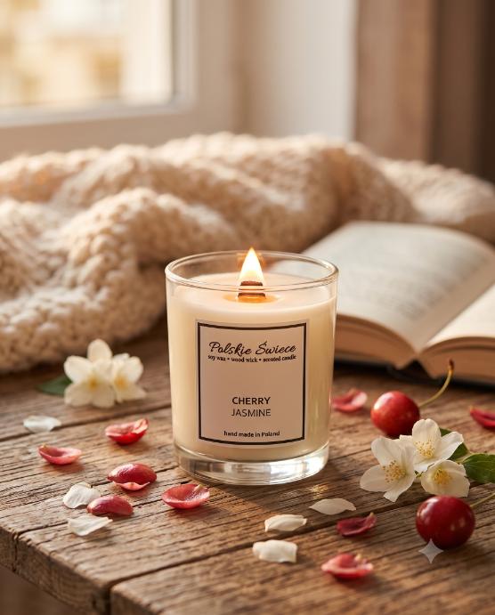 soy candle with a wooden wick + CHERRY JASMINE