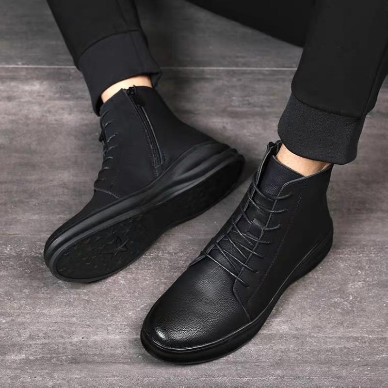 Módní Pánské Kožené Boty Britský Styl Kožené Boty Plyšové Teplé Zimní Boty Neformální Vysoké Boty pro Muže Šněrovací Kotníkové Boty