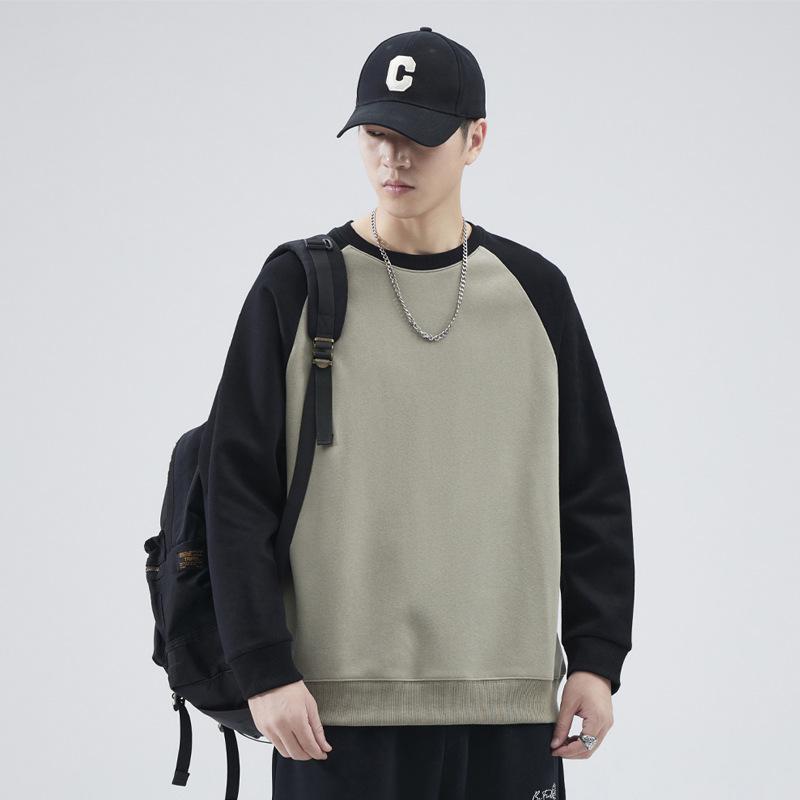 2024 Осень/Зима Новая американская ретро-толстовка с капюшоном, мужская свободная модная футболка, контрастный низ, круглая горловина, длинный рукав, топ для мужчин M чёрный