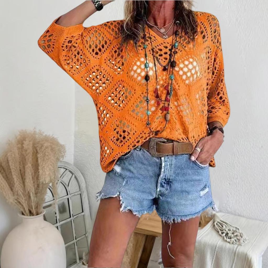 Women's V-neck Diamond-shaped Openwork Sleeve Sweater Cardigan Knitted Top