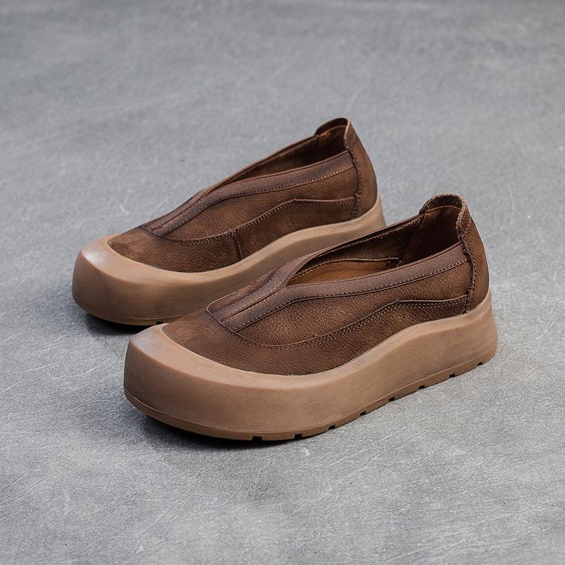 Johnature Genuine Leather Thick Soled Round Toe Loafers Retro Comfortable Women's Flat Platform Shoes