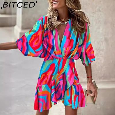 Autumn V-neck Asymmetrical Hem Dress for Women