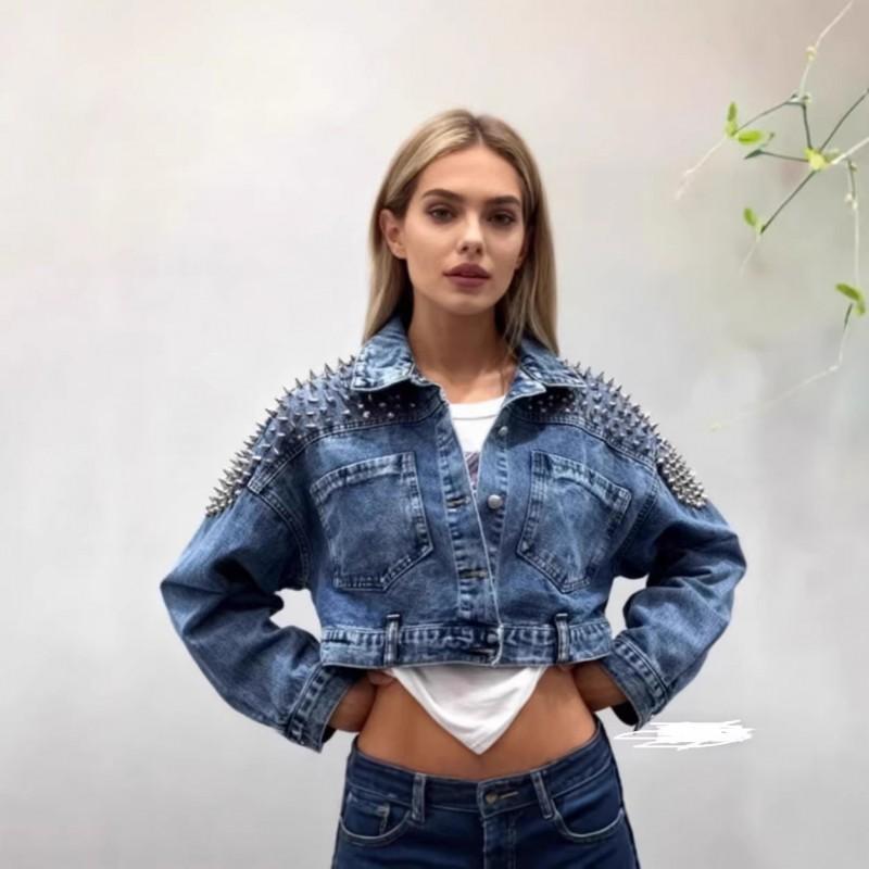 Womens Short Denim Jacket With Batwing Sleeves Rivet Embellished Relaxed Fit Washed Finish Fall 2025