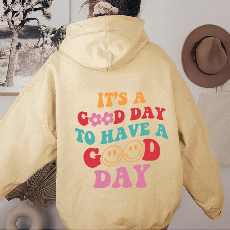Plus Velvet Sweatshirt with Back Letter Print & Kangaroo Pocket