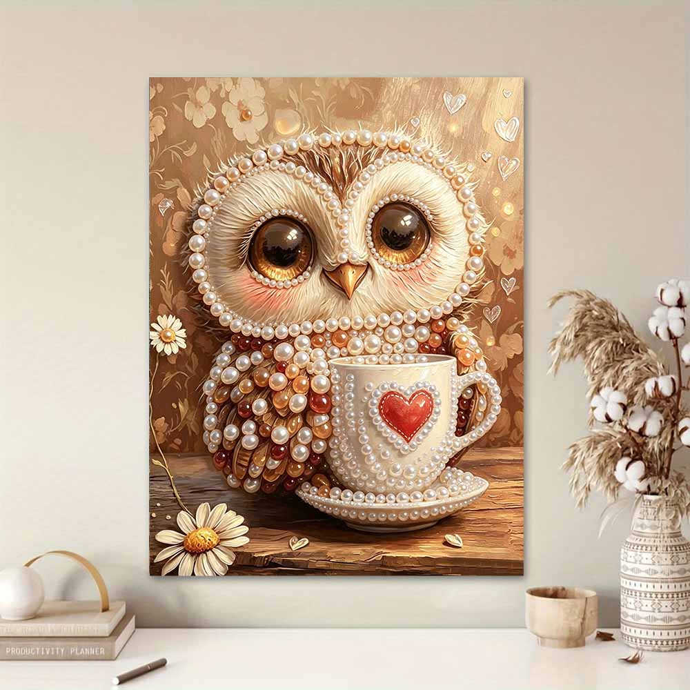 Framed Pearl Bead Painting Kit Cute Owl with Coffee Cup DIY Shiny Canvas Art Relaxing Craft Gift for Craft Lovers Home Decor 12345