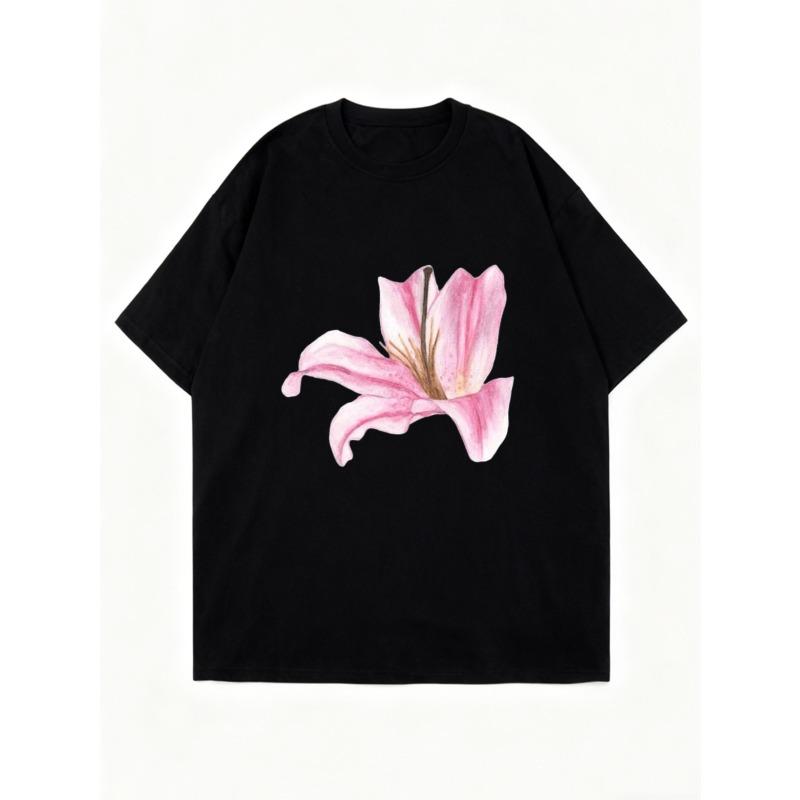 Black Oversized T Shirt With Pink Lily Flower Print For Casual Wear And Summer Outfits