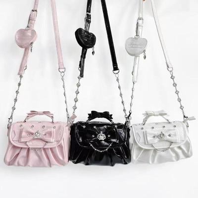 Elegant Pink Bow Rhinestone Underarm Bag Sweet Lolita Pleated Shoulder Bag Portable Bow Handle Handbag Cute Ita Purse