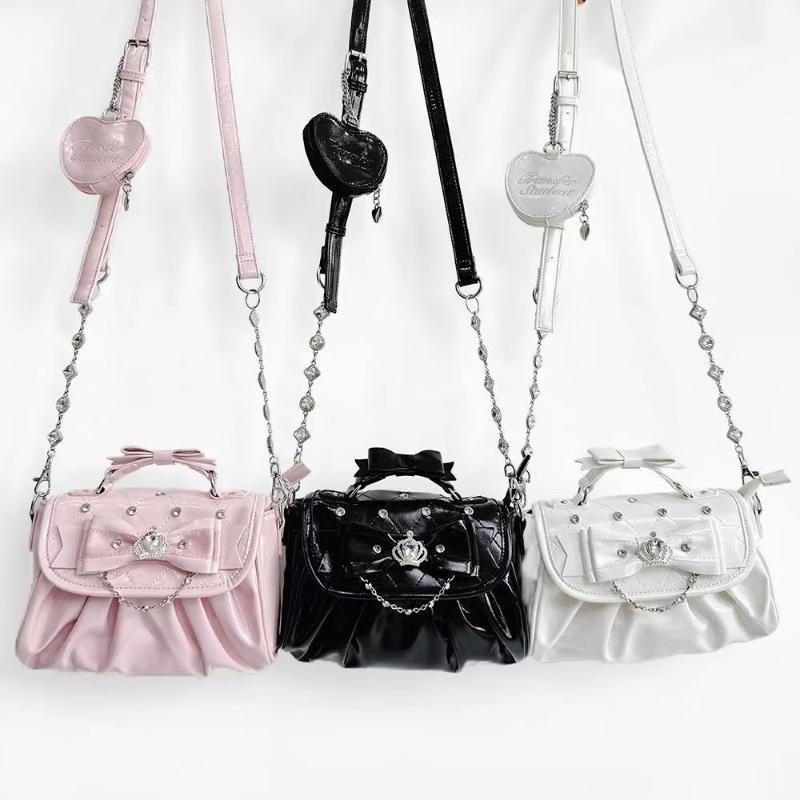 Elegant Pink Bow Rhinestone Underarm Bag Sweet Lolita Pleated Shoulder Bag Portable Bow Handle Handbag Cute Ita Purse