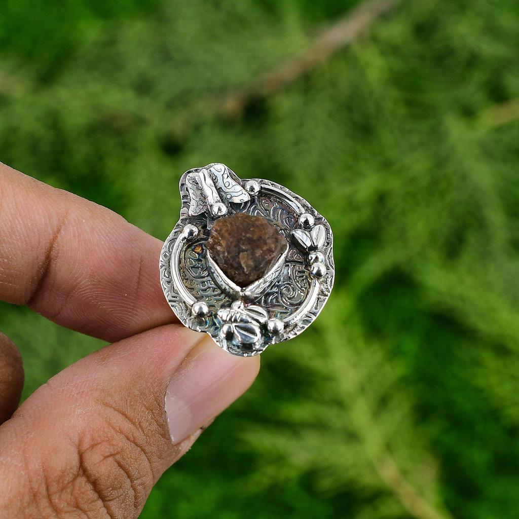 Mothers day Sale 925 Silver Trillion Natural Hessonite Rough Bezel Promise Ring