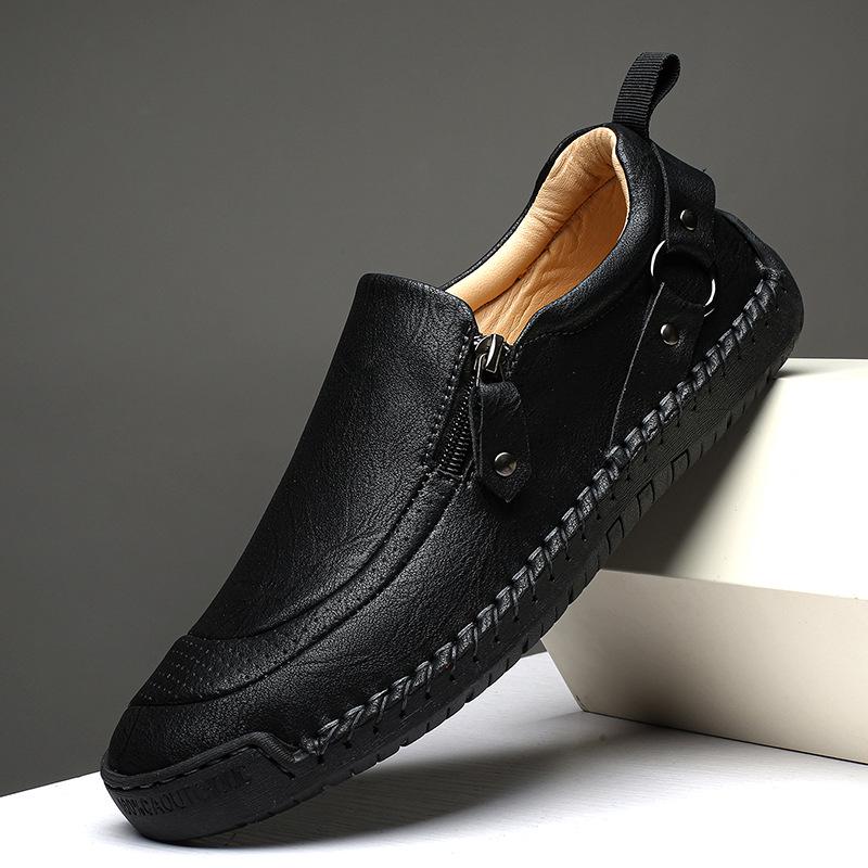 Men's Autumn Casual Leather Slip-On Shoes, Large Size, Soft Sole, Non-Slip, Hand-Stitched, Side Zipper