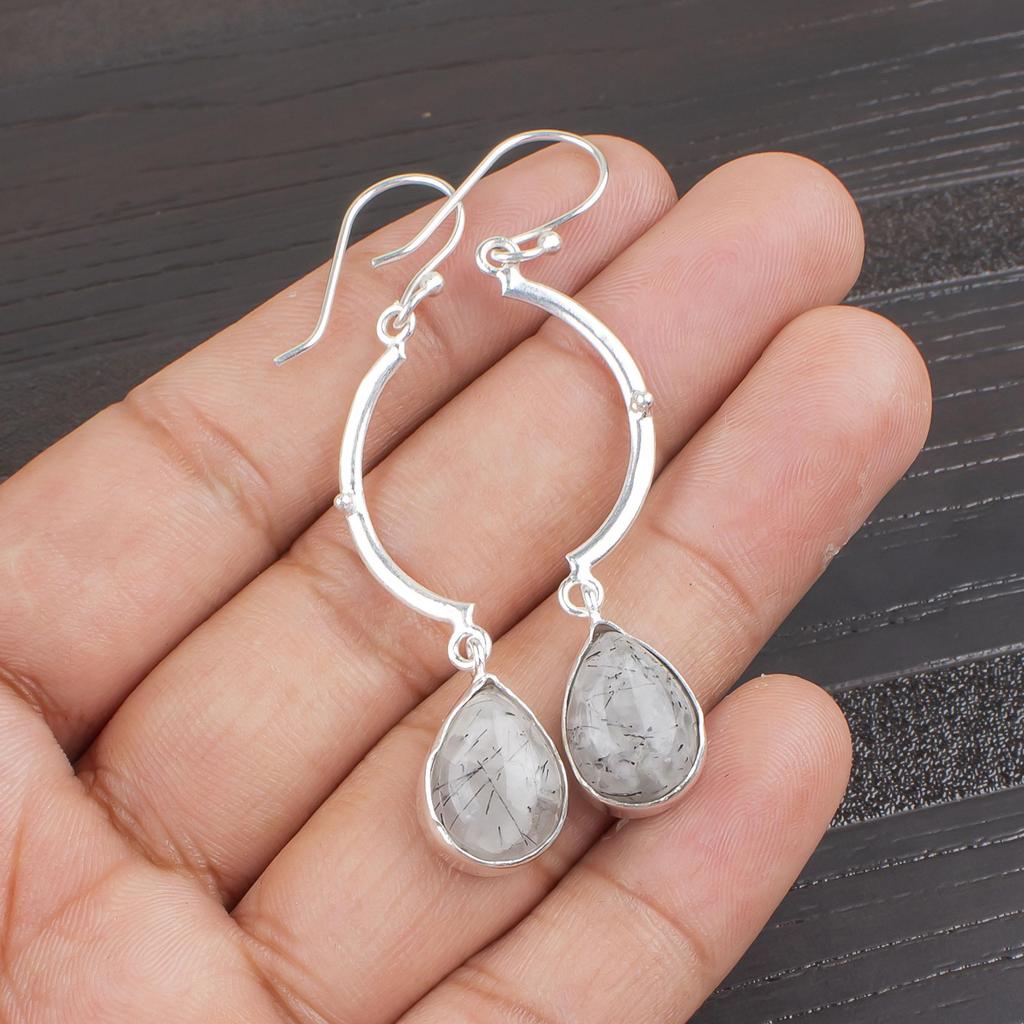 Black Rutile Gemstone Handmade Jewelry, 925 Solid Sterling Silver Earrings, Handmade Glorious Earrings For Wedding Gift