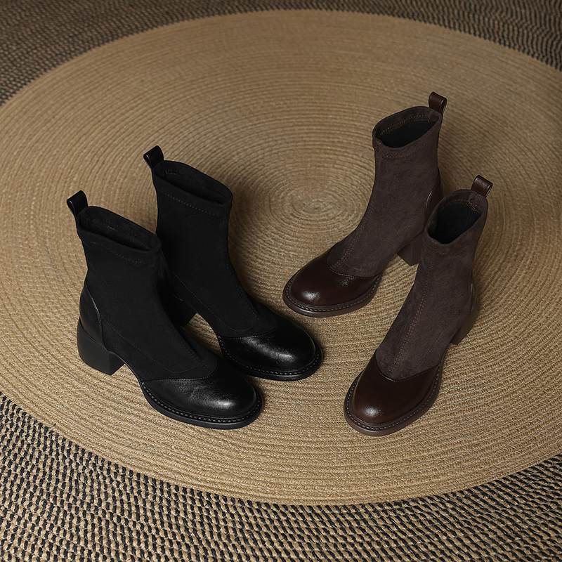 Krazing Po Microfiber Flock Winter Round Toe Size 33 Chelsea Boots Size 43 Zipper Thick High Heels Elastic Ankle Boots
