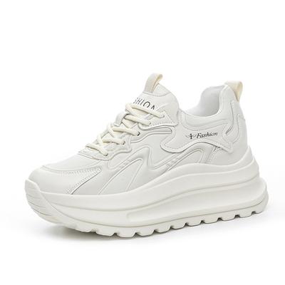 New Genuine Leather Shoes Women Chunky Sneakers Flat Platform Height Increasing 7cm Brand Ladies Casual Shoes Black Beige DX587