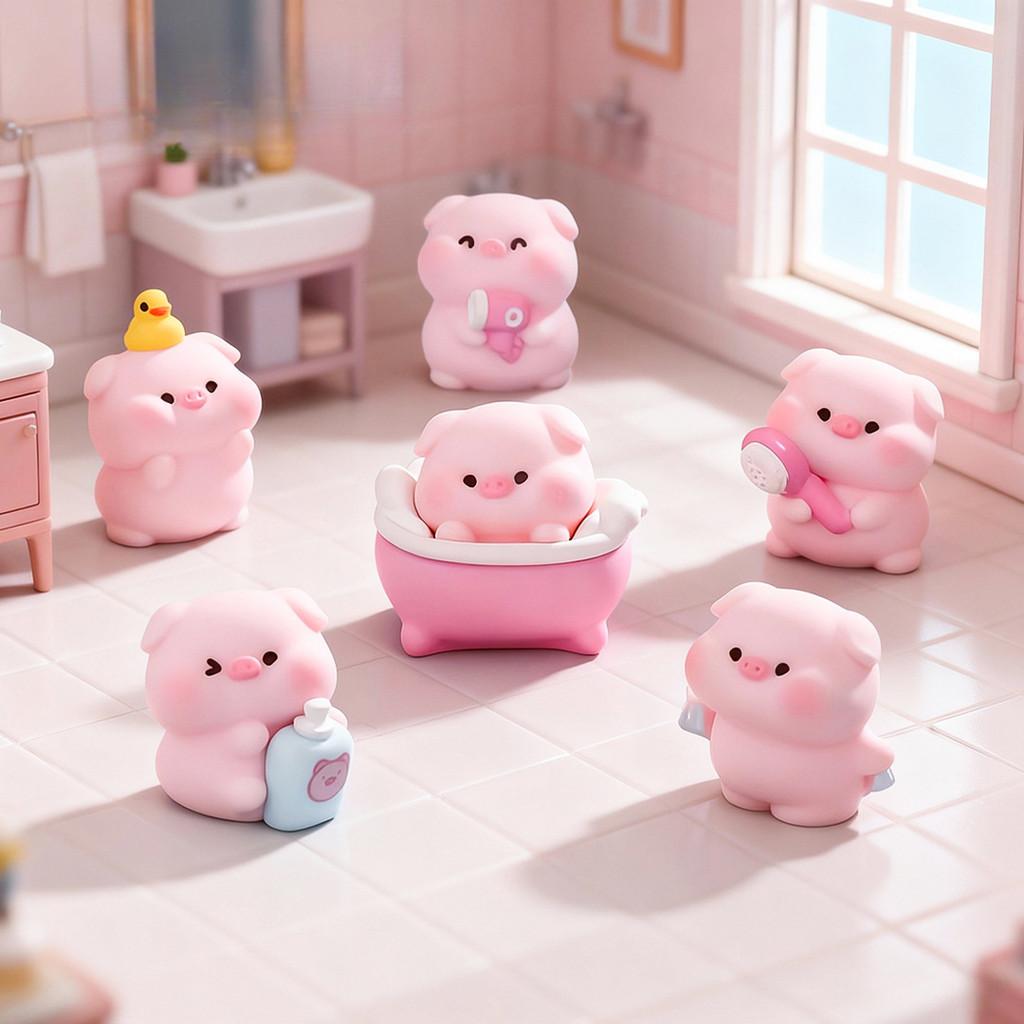 6Pcs/set Cartoon Shower Pig Miniatures Resin Animal Ornaments Moss Terrarium Micro Landscape Fairy Garden Decoration