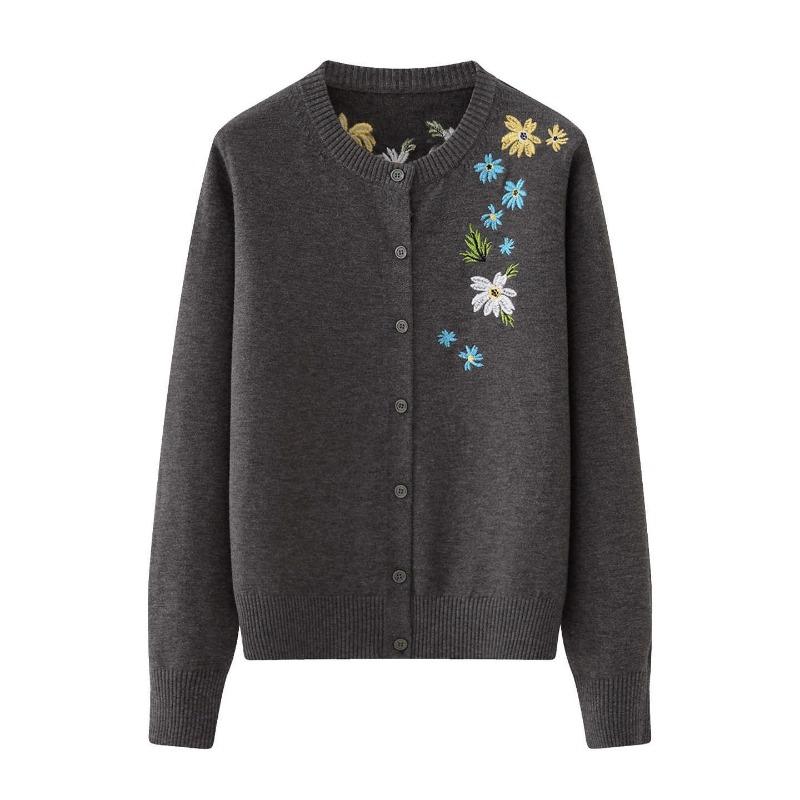 Autumn Winter Fashion Loose Embroidered Knitted Cardigan Sweater Women's Round Neck Coat Solid Color New Casual Long Sleeved Office Simple Clothing