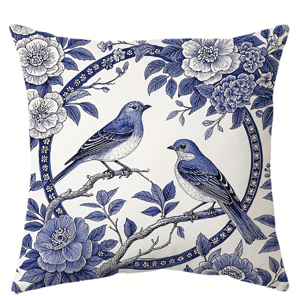 1/4 Stück Blaue und Weiße Vogel- und Blumenmuster-Kissenbezüge Sofakissenbezug Heim Schlafzimmer Zimmer Dekoration