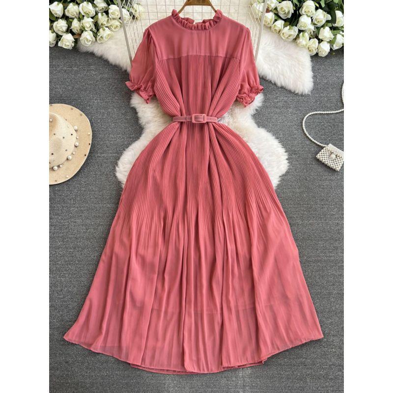 Spring and Autumn New Arrival French Style Retro round Neck Short Sleeves Chiffon Dress Women's Tight Waist Slim Looking Elegant Pleated Midi Dress