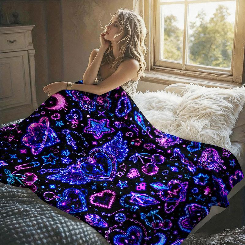 Y2K Neon Hearts Black Flannel Blanket Perfect for Sofa Office Bed Travel Sleep Read Relax Camping Four Season Use