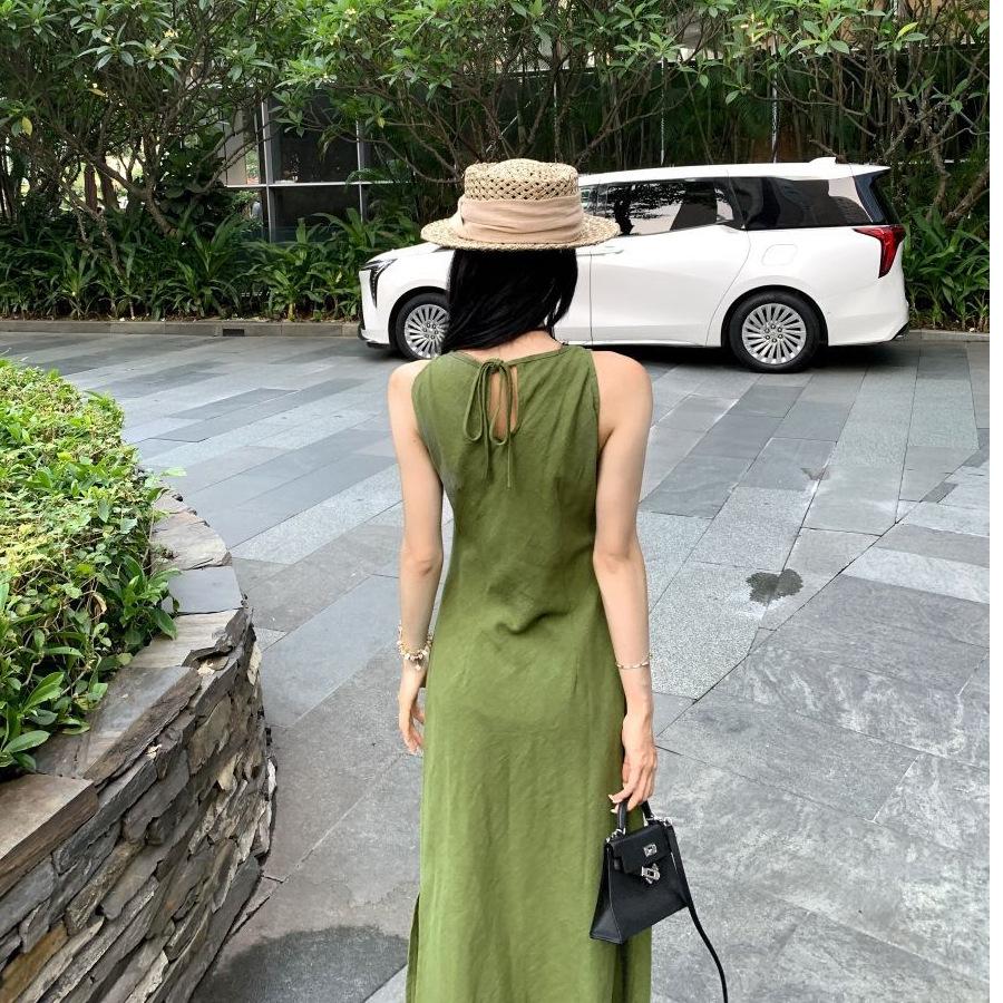 Holiday Style Retro Green Vest Dress Women's Summer Waist Thin Chic Niche Long Dress