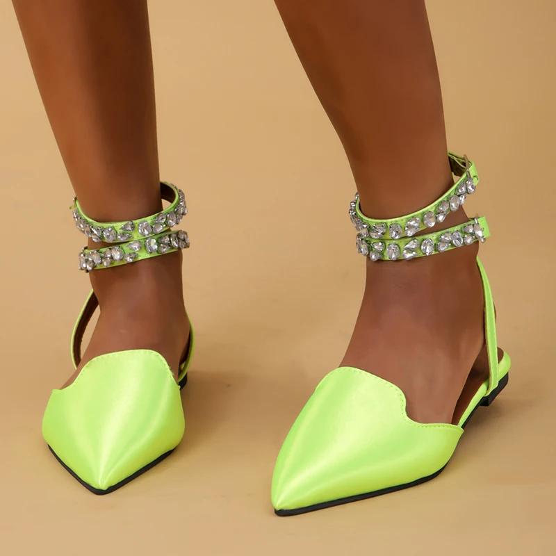 Fashion Rhinestone Ankle Strap Flat Heel Sandals Women Sexy Pointed Toe Gladiator Sandls Woman 2025 Summer Buckle Party Shoes Plus Size