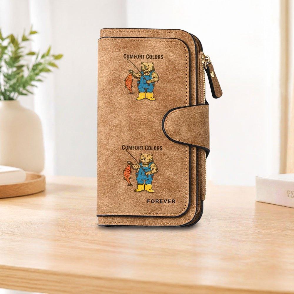 Comfort Colors Fishing Bear Long Zipper Wallet, Large Capacity Card Holder, Unisex Clutch Bag, Fashionable Zipper Coin Purse, Suitable for Daily Use,