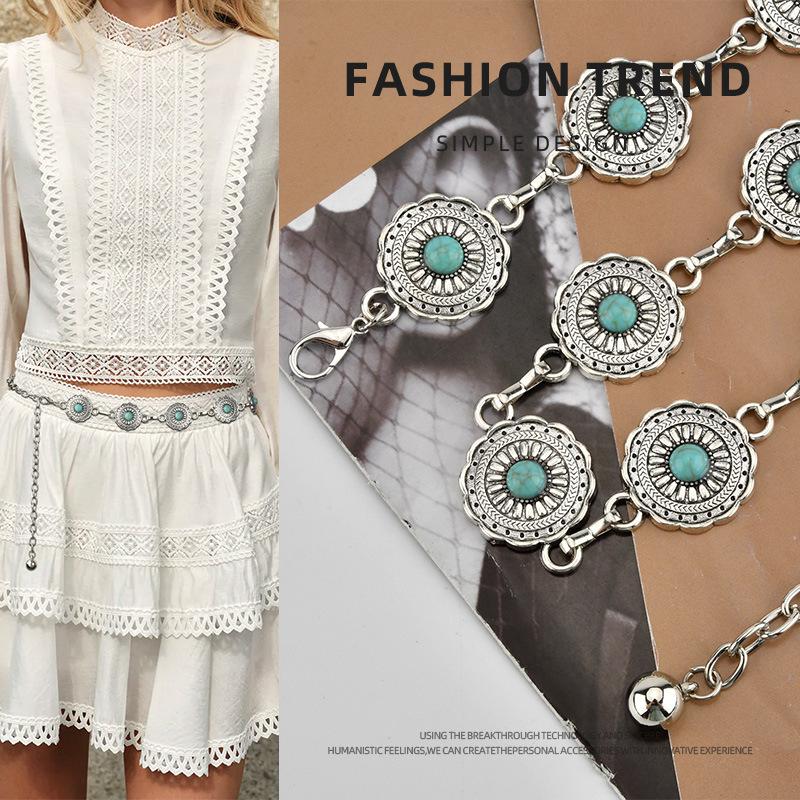 Retro Turquoise Metal Waist Chain Ladies Ethnic Style Body Chain Bohemian Women's Belt