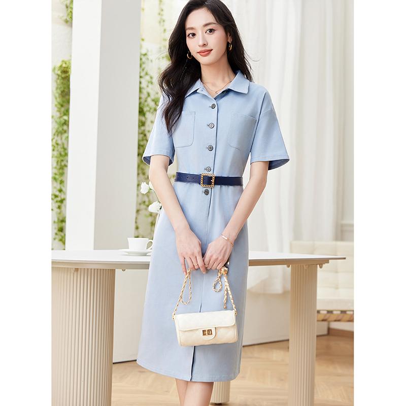 2025 Summer Simple and Fashionable Workwear with a Waist-Cinching A-Line Skirt, Age-Reducing Lapel, Commuting Mid-Length Dress for Women