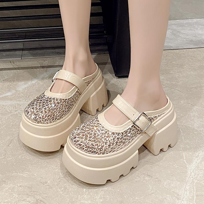 Super high-heeled slippers women's round head shallow mouth mesh cloth metal buckle set foot non-slip sandals