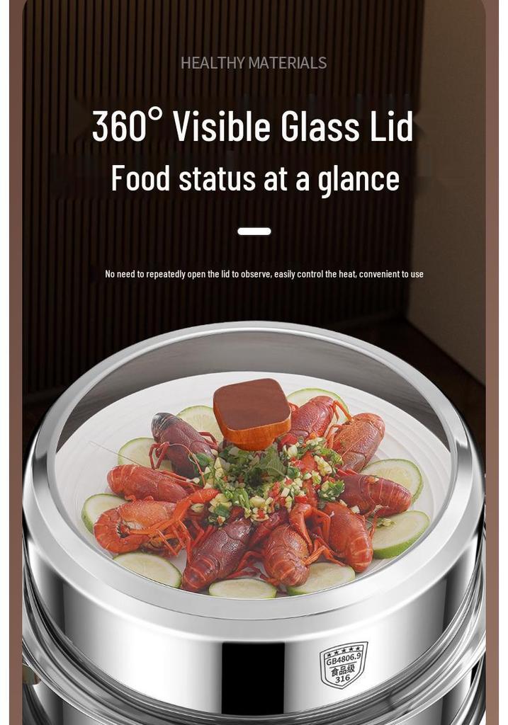 Visible Lid 316L Stainless Steel Steamer Pot with Extra Thick Anti-scalding Design and Double Three-Layer Steaming Basket