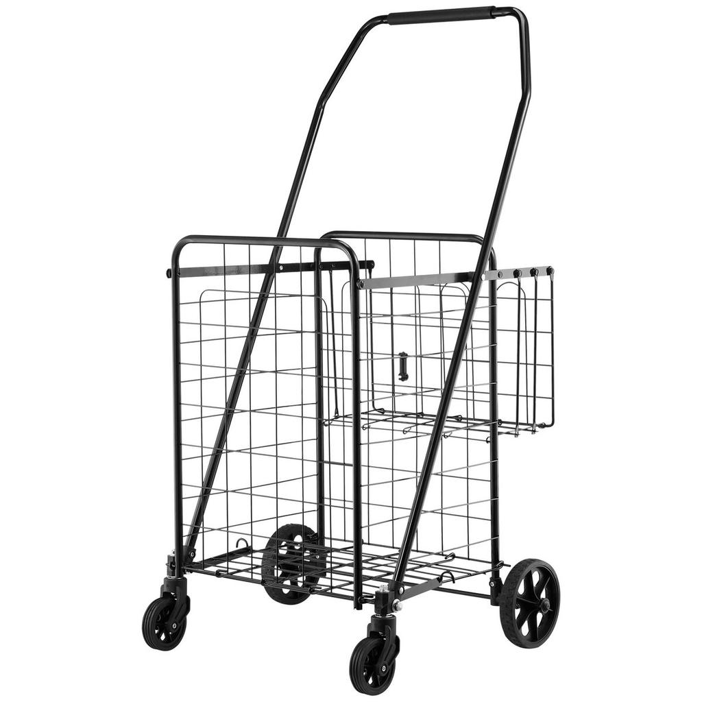 Shopping Cart, Folding Grocery Utility Cart with Dual Baskets, Waterproof Liner & Wheels, 45 KG Large Load Capacity, Heavy Duty Laundry Basket for