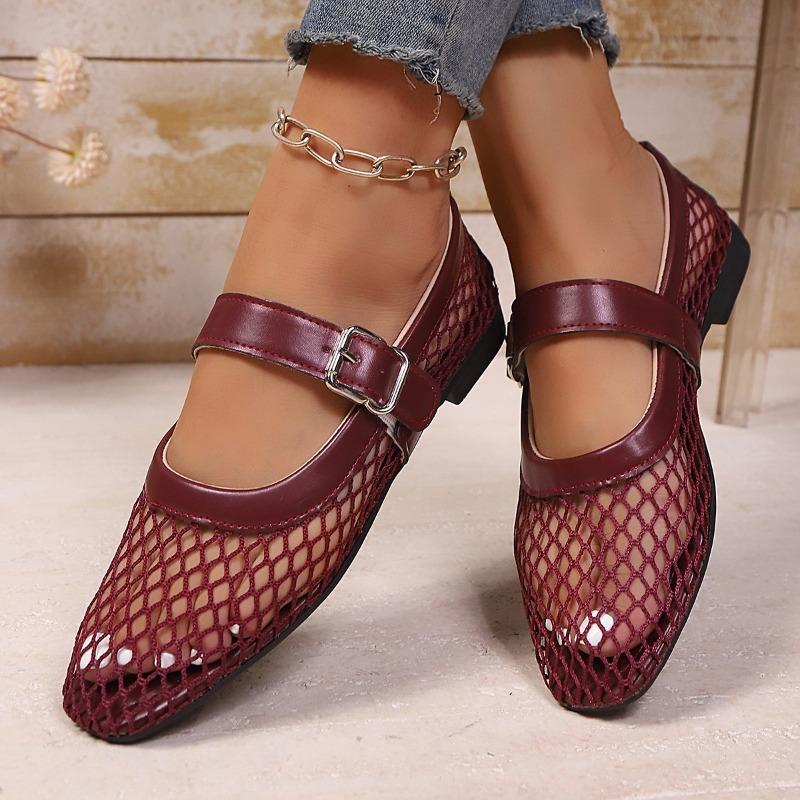 Fashion Mesh Breathable Single Shoes Autumn New Round Toe Shallow Mouth Metal Buckle One Strap Soft Sole Non-slip Low Heel Shoes