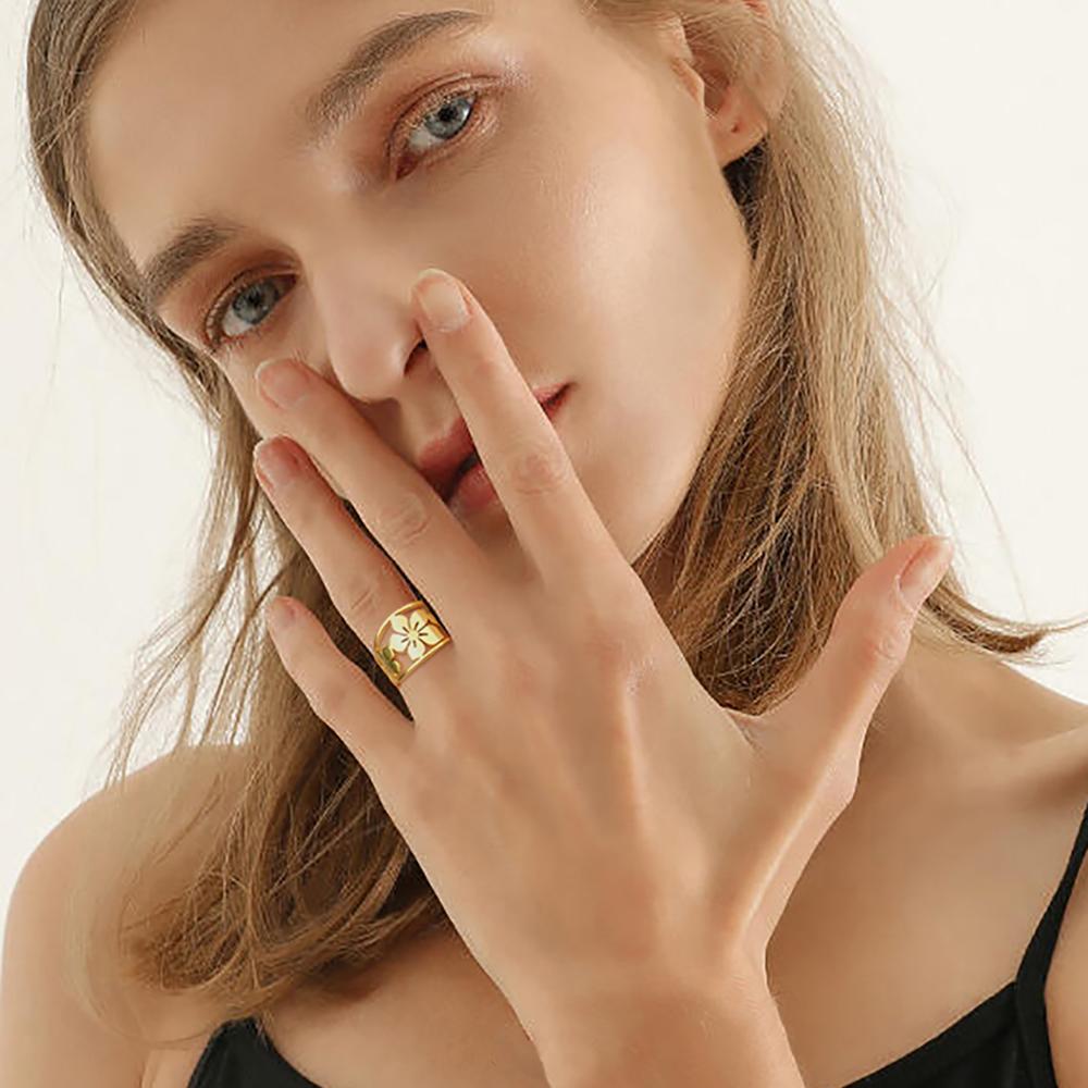 Women's Flower Ring Stainless Steel Gold Wide Finger Rings Band Bohemian Jewelry Anniversary Gift
