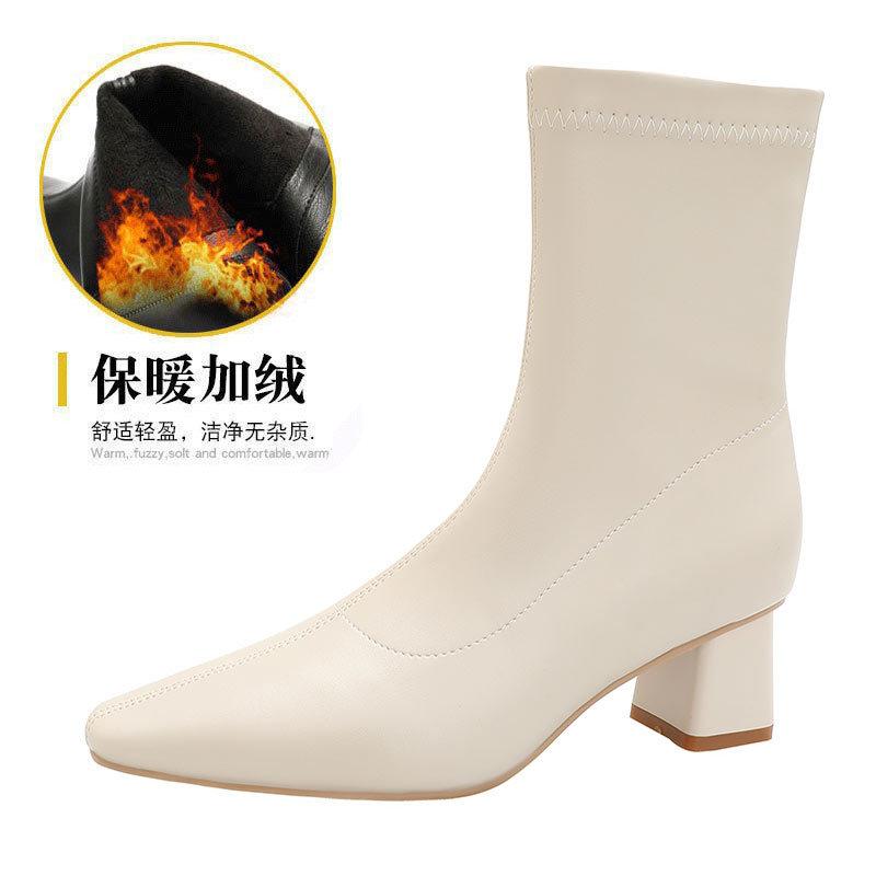 High-heeled short boots women's spring and autumn single boots 2025 new small square head thick heel thin boots brown French medium boots