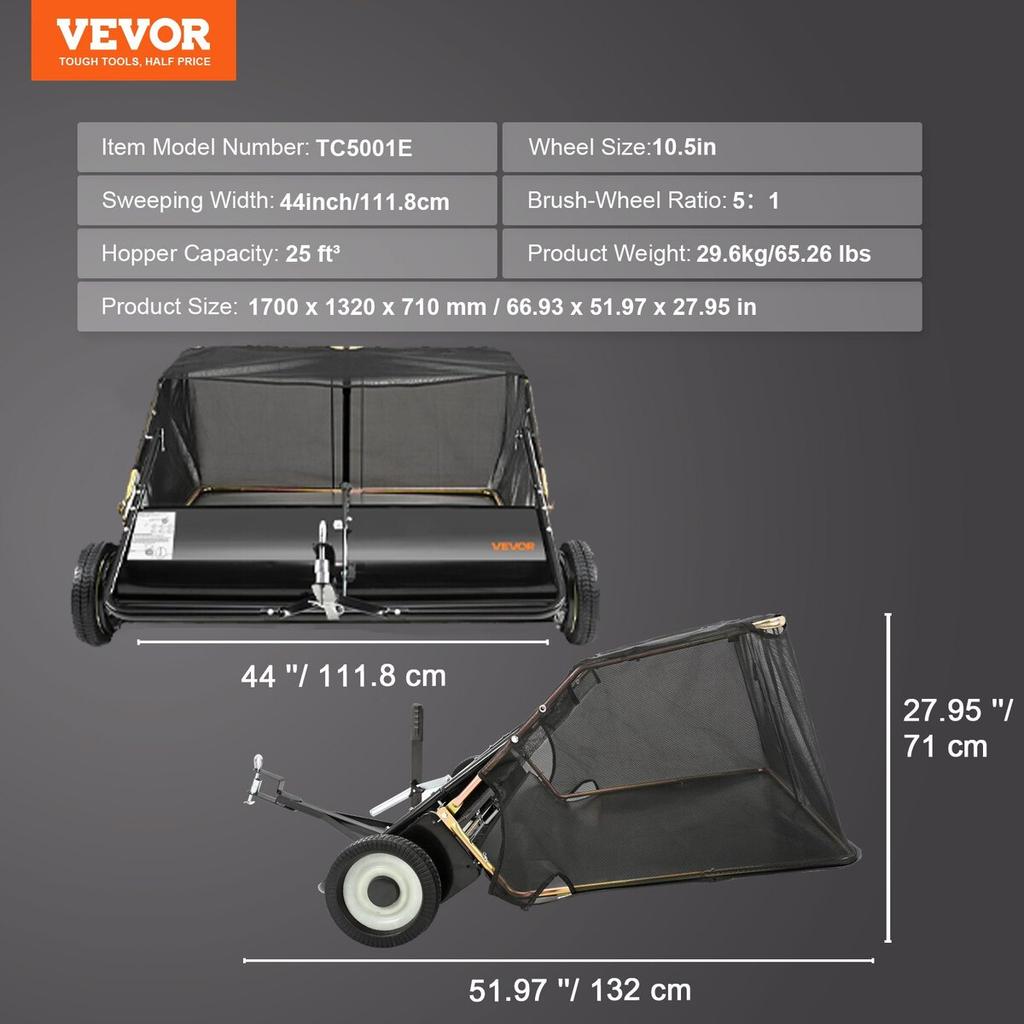 Tow Behind Lawn Sweeper, 111.7 Cm Pull Behind Lawn Sweeper, 25 Cu. Ft Large Capacity Leaf & Grass Collector, Heavy Duty Garden Sweeper with Adjustable