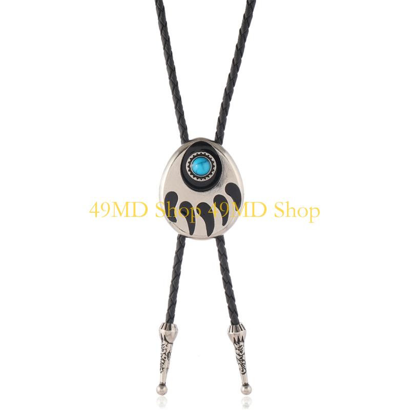 49MD Bear Claw Stone Bolo Tie Western Cowboy Adjustable PU Leather Jewelry Necklace